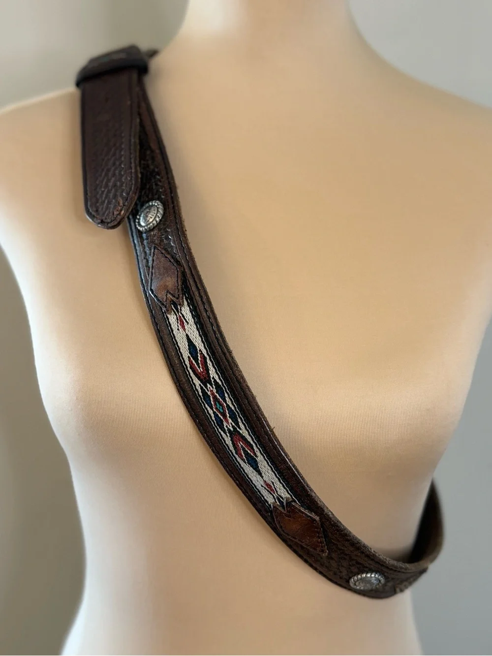Western embroidered brown leather belt embossed silver decor 47”